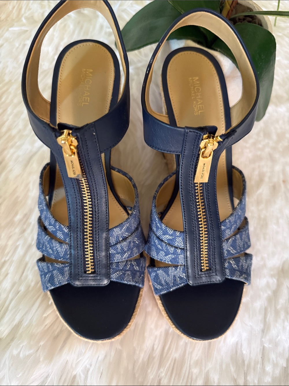 Michael Kors Navy Leather & Denim Zip-Front Wedge Sandals
